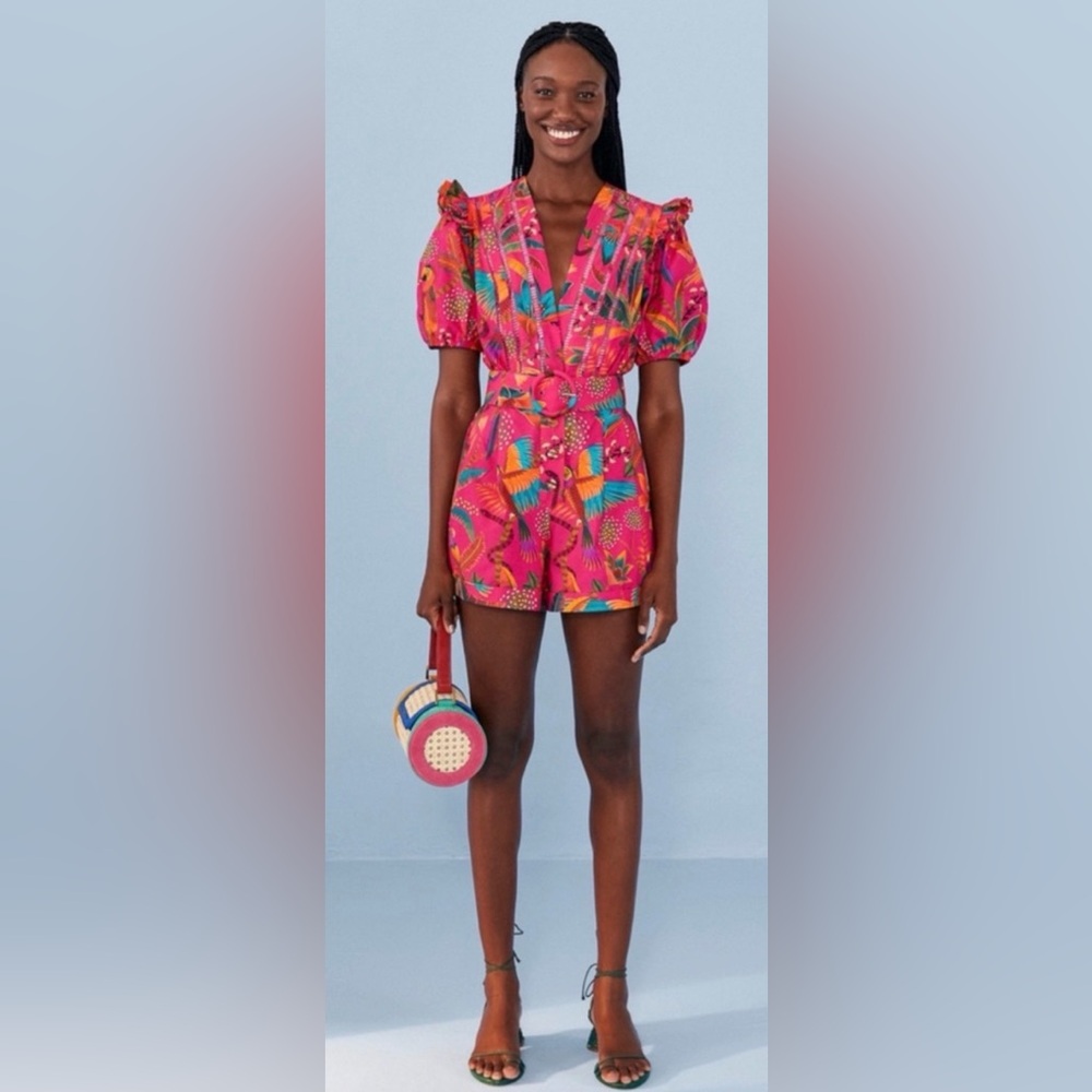 FARM Rio Macaw Party Pink Belted Puff Sleeve Romper - Picture 2 of 12